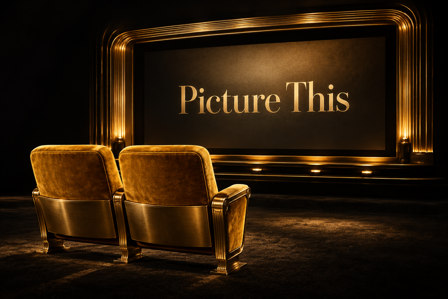 Two golden cinema seats facing a golden screen reading Picture This